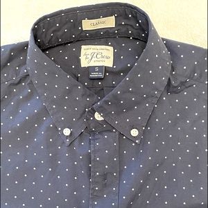 Long sleeve cotton shirt, navy with polka dots.